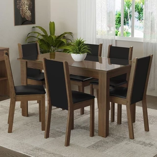 Conjunto Sala de Jantar Mesa Tampo de Vidro 6 Cadeiras Rustic/Preto Heloísa Madesa em Oferta na Shopee
