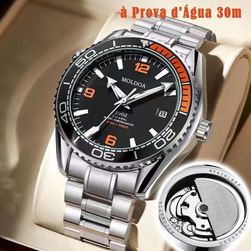 Relógio Masculino Automático Mecânico com Mecanismo Exposto Calendário à Prova d'Água 30m e Luminoso