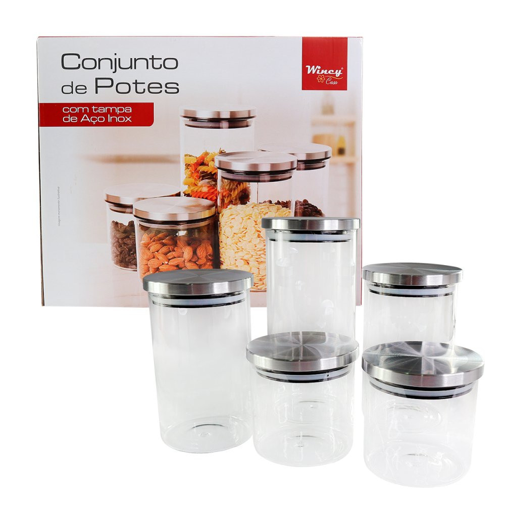 Kit Conjunto de Potes de Mantimentos com 5 Peças de Vidro e Tampa de Inox Hermática para Armazenamento de Alimentos como Grãos Farinhas Cereais Macarrão e muito mais R$