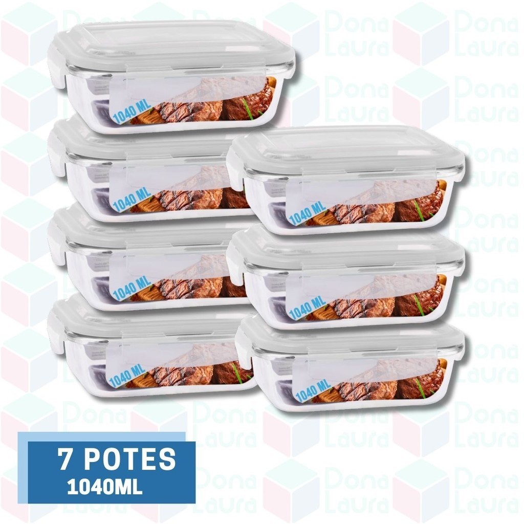 Pote de Vidro 1040ML Vai ao Forno, Microondas Com Tampa 7Un