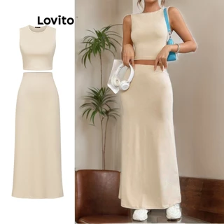 Lovito Conjuntos casuais de saia lisa para mulheres L86ED273