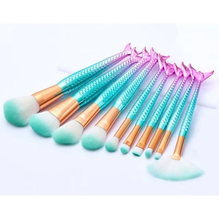 Kit 10 Pincéis Sereia Unicórnio Com Estojo Lindo Maquiagem Para Base Blush E Sombra De Olhos Cerdas Macias
