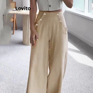 Lovito Calça casual com bolso frontal com botão liso para mulheres LBL12090