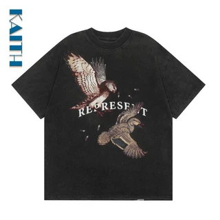 # T4 Coreano Popular Mais Tamanho Casal Vintage Unisexo Algodão Grafite Eagle Wild Duck Pattern Carta Monocromática Imprimir Crewneck Streetwear Camisetas Gráficas Tee Tshirts Para Homens