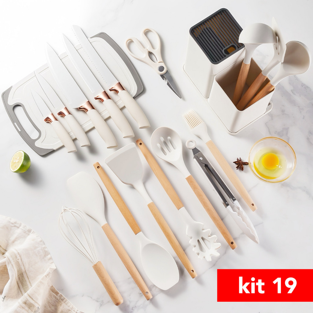 Jogo Utensílios de Cozinha Luxo 19 Peças Com Tábua em Silicone