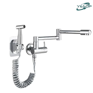 Torneira Cozinha Gourmet De Parede Dobrável Com Spray Manual Terno Aço Inox 304 Yesop