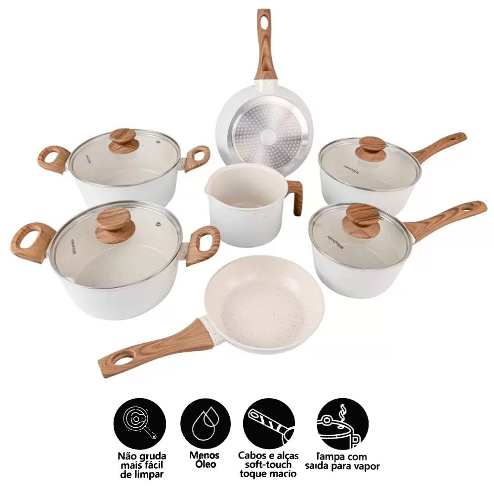 Jogo de Panelas 10 Peças Indução Revestimento Cerâmico Vanilla