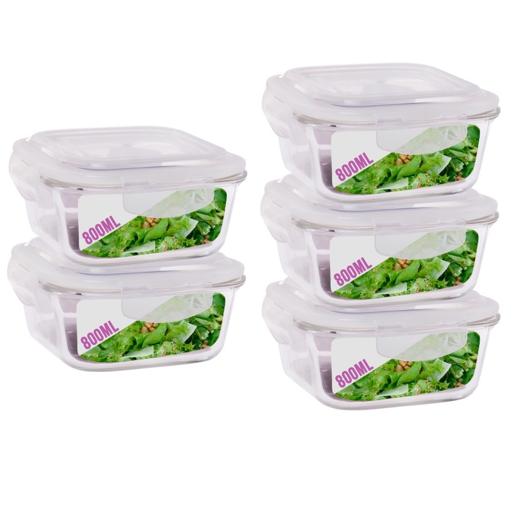 Kit 5 Potes 800ml de Vidro Marmita Tampa Hermetico Não Vaza