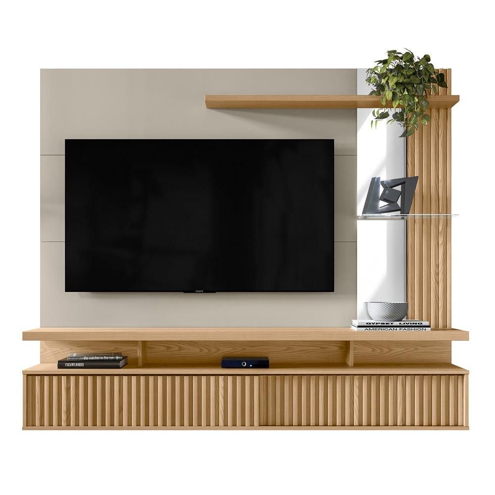 Painel Suspenso para TV até 60 Pol. 2 Portas Ripadas Cherry L06 Carvalho/Off White - Mpozenato