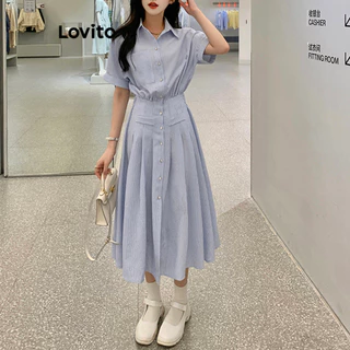Lovito Vestido Casual com Botões Frontais Falsos e Bolsos para Mulheres LNL38095 (Alperce/Azul)