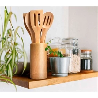 1 Kit Colher De Pau Utensílios Em Bambu 5 (4 talheres + suporte) Peças (Envio imediato) (Enviar imediatamente)