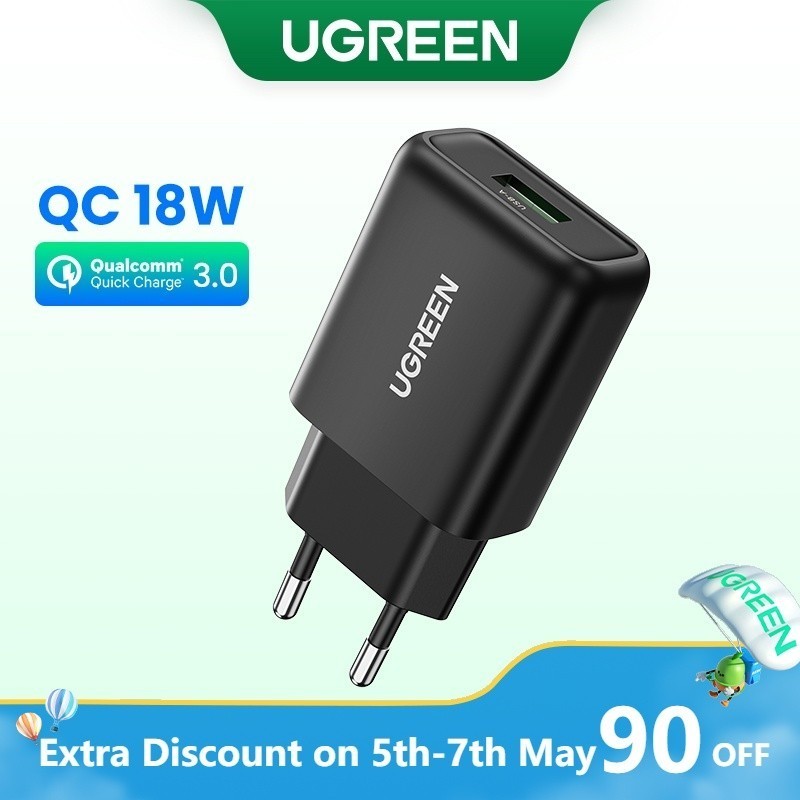 （With Type C Cable）UGREEN 18W USB QC 3.0 Quick Charger Fast Wall Brick Adapter Compatible with S20/S10