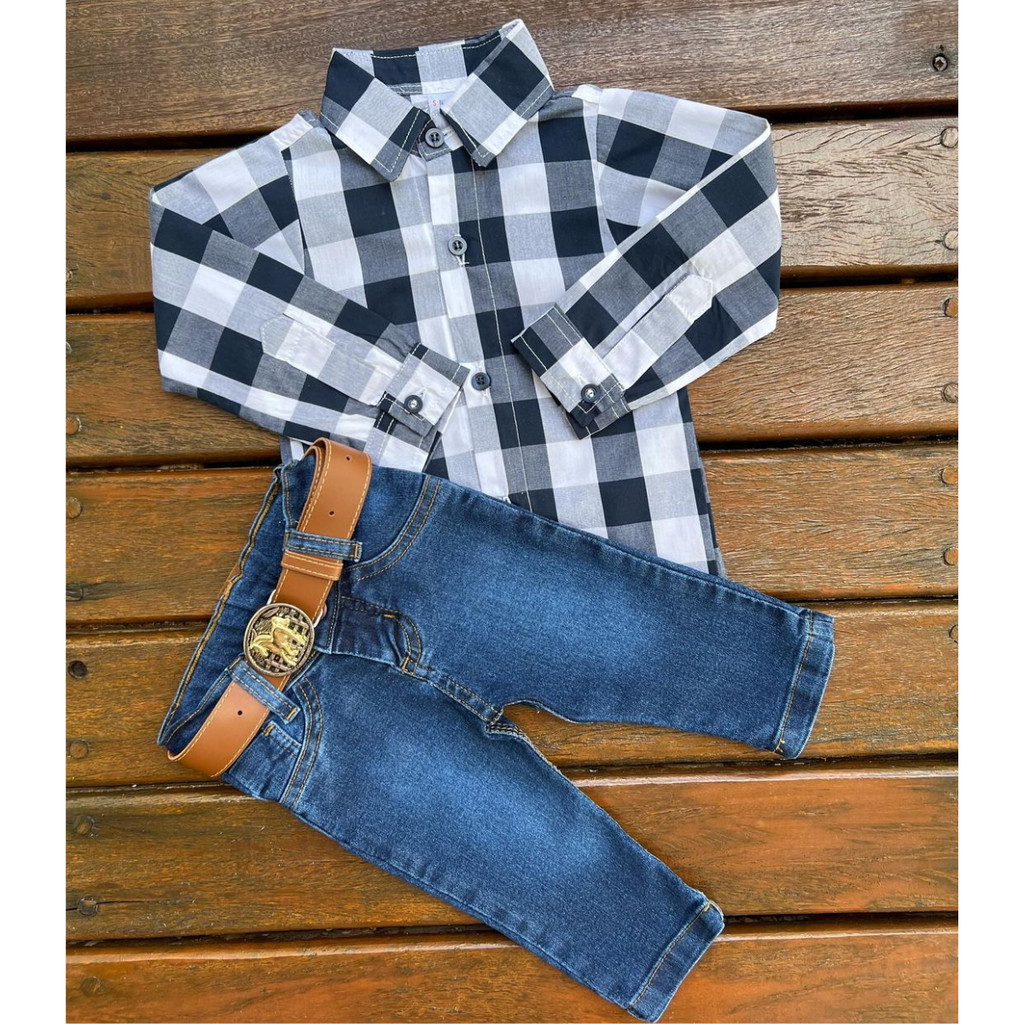 Roupas Jeans Para Bebês Meninos De Flanela, Xadrez, Botões, Bolsos