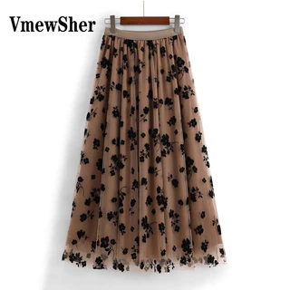 [Duas Camadas De Fios + lining] VmewSher Primavera Verão Floral Flocking Mesh Skirt Saias De Comprimento Médio