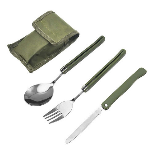 Kit Talher Dobrável Inox Para Camping Trilha Com Bainha