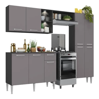 Cozinha Compacta c/ 2 Leds Armário e Balcão com Tampo Pequim Up Multimóveis Preta/Lacca Fumê