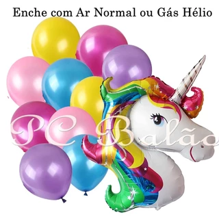 Kit 11 Balão Metalizado 1 Unicórnio GRANDE + BEXIGA (2 PINK 2 AZUL 2 ROSA CLARO 2 AMARELO 2 LILÁS)