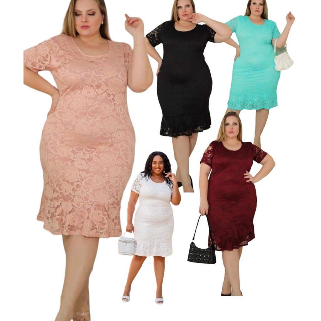 Vestido de renda mídi tubinho forrado com babado moda evangélica