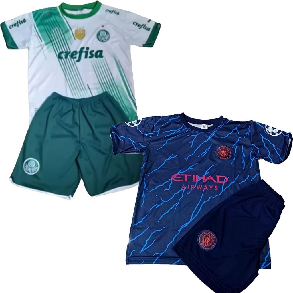 Kit 2 Conjuntos de Futebol Infantil Camisa e Short Palmeiras Branco e ...