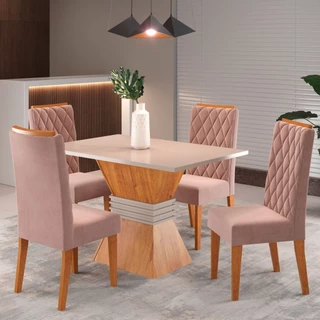 Mesa de Jantar 4 Lugares Cansas Mel/Blonde/Veludo Rosa - Viero Móveis