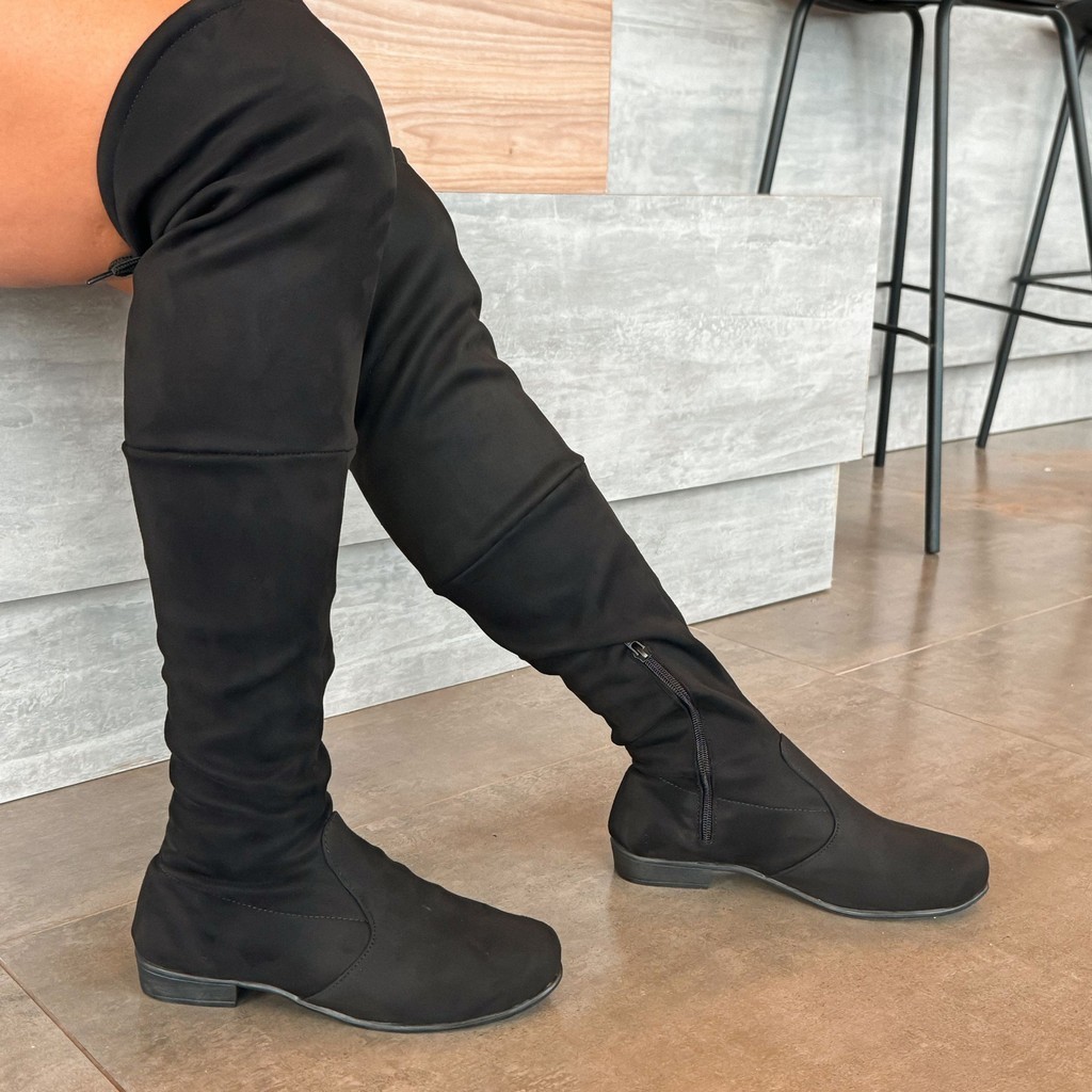 Bota rasteira baixinha over no joelho feminina camurca tendencia