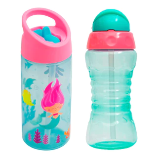 Garrafa Infantil Canudo 400ml Aventuras Sereia Buba + Garrafa com Canudo Retrátil 300ml Fresh Verde