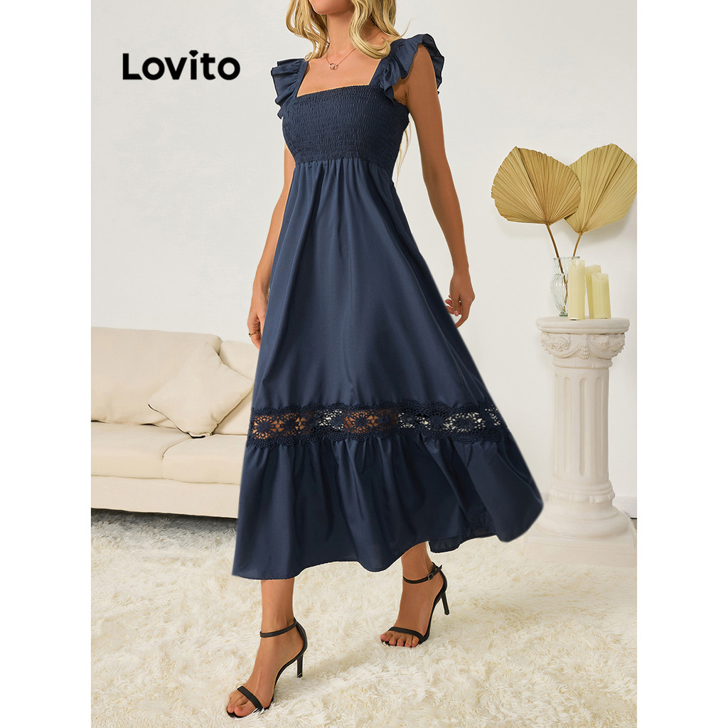 Lovito Casual Vestido Feminino Liso Bata com Bainha de Babados e Cintura Elástica LBL09160