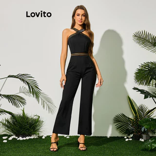 Lovito Elegante Macacão Feminino Liso com Costura Contrastante e Cintura Elástica LBL09025