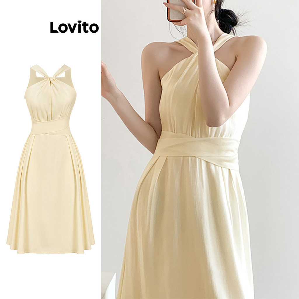 Lovito Vestido Casual Plissado Com Nó Liso Para Mulheres L83en195