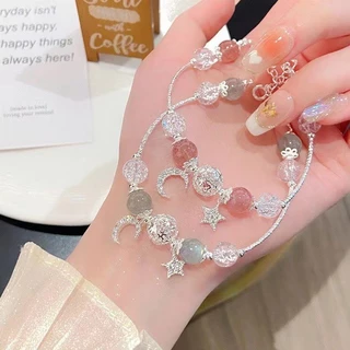 Estrela lua pulseira doce estilo princesa estrela lua pulseira feminina morango cristal cinza luar menina pulseira de cristal