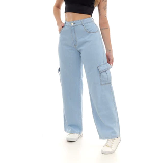 Calça Cargo Feminino Com Bolsos Laterais Perna Larga em 5 Cores