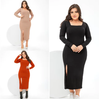 Vestido Midi PAZME Plus Size Manga Longa Gola Quadrada