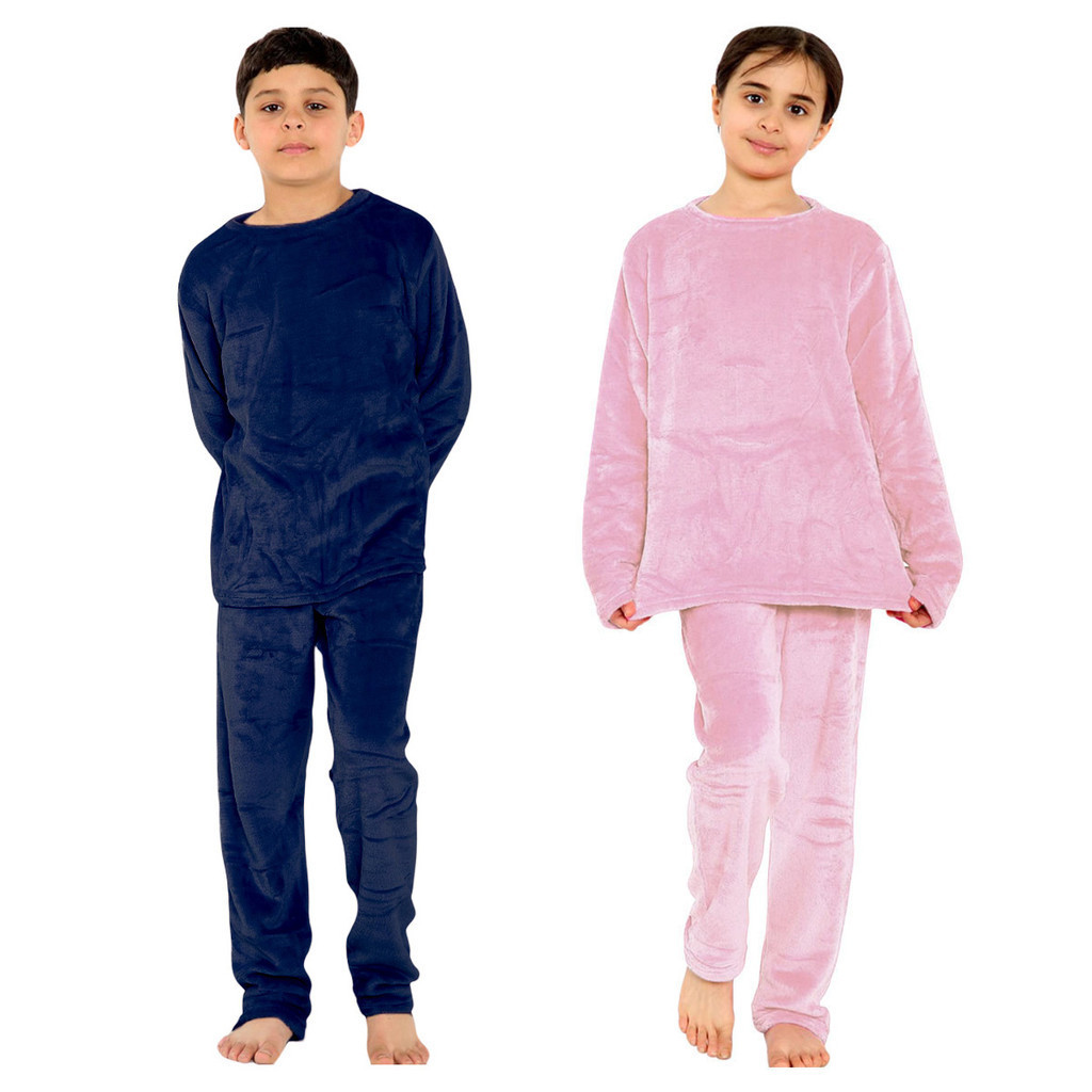 Pijama Feminino Infantil Fleece Plush Inverno Manga Longa De Frio Menina Menino Azul e Rosa em Oferta na Shopee