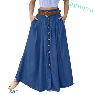 ZANZEA Saia Longa Feminina com Botão/Bolsos Laterais Frontal/Retro/Casual 167