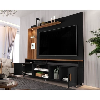 Estante Home Ocean  Para Tv Até 65 Polegadas -2 Portas e Nicho com Leds -Rodizio -Preto/Canela em Oferta na Shopee
