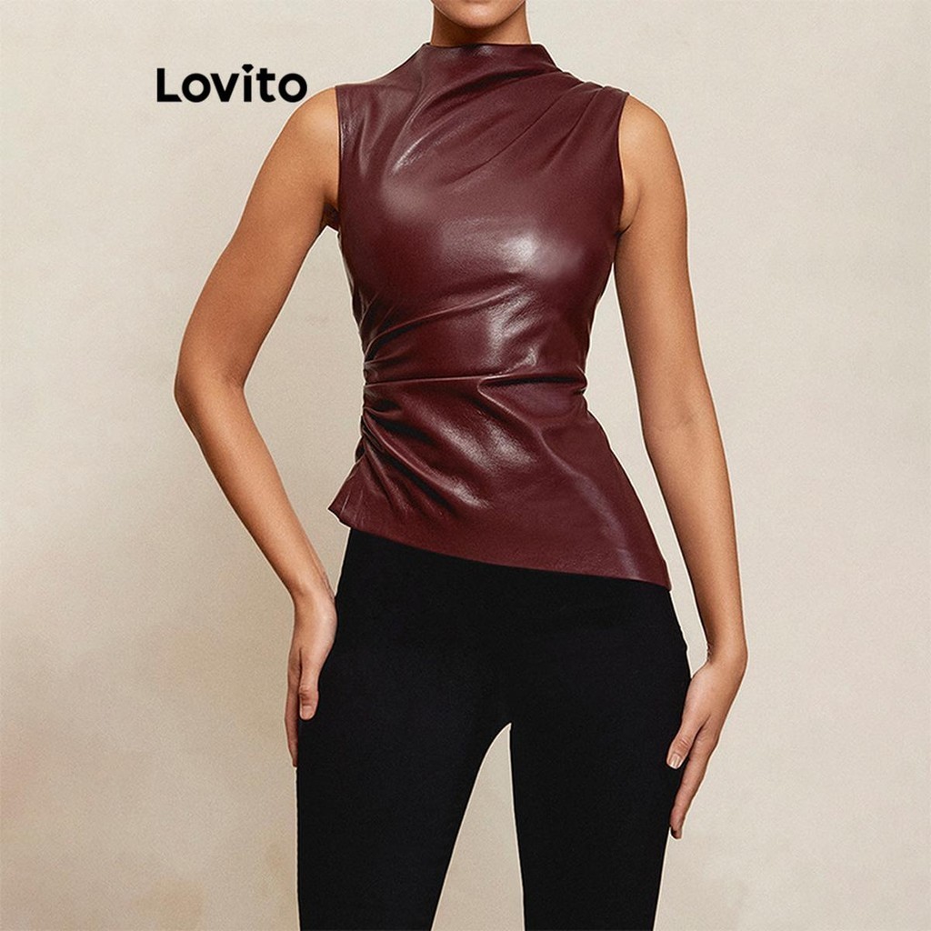 Lovito Regata casual lisa franzida para mulheres LNL57058
