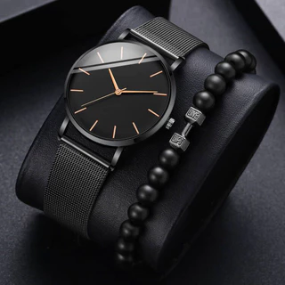 Conjunto De Relógio Masculino Com Pulseira De Contas , Malha De Aço Inoxidável Pretas Da Moda De Quartzo