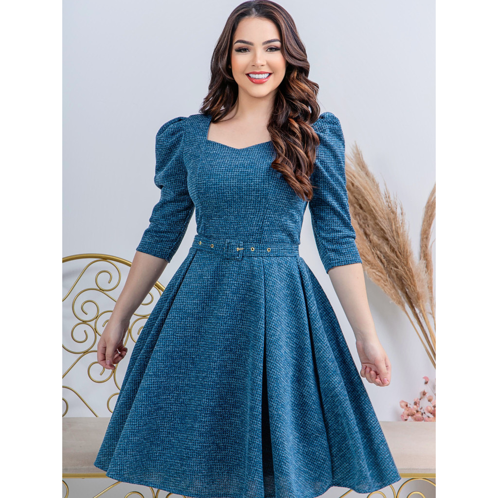 Vestido Midi Gode Rodado com Cinto Lanzinha Manga 3/4 Festa