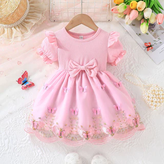 Vestido de Bebê Menina Verão Moda 6 Meses-3 Anos Mangas Curta Botão de Volta Tule Fofa