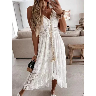 Vestido Maxi Branco Para Mulheres Elegante Senhora De Verão Com Renda V Esparguete De Pescoço Sundress 22194 * &-*