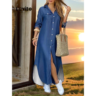Lovito Vestido feminino casual com botão liso LNL52073