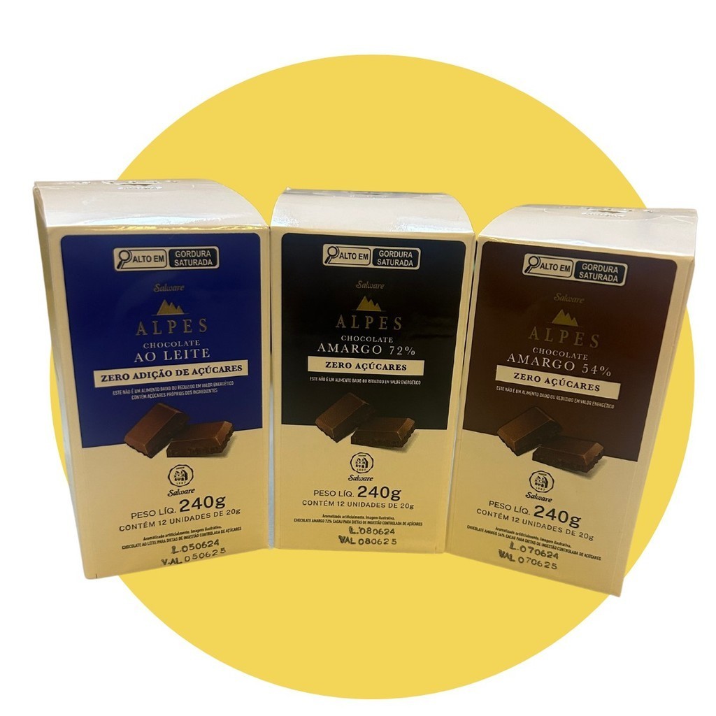 Chocolate Alpes Zero Açúcar 12 unidades de 20g Escolha o sabor