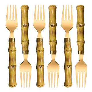 Conjunto de Garfos de Mesa Lyor 6 Peças, em Aço Inox Dourado com Cabo Plástico Bambu - 1794