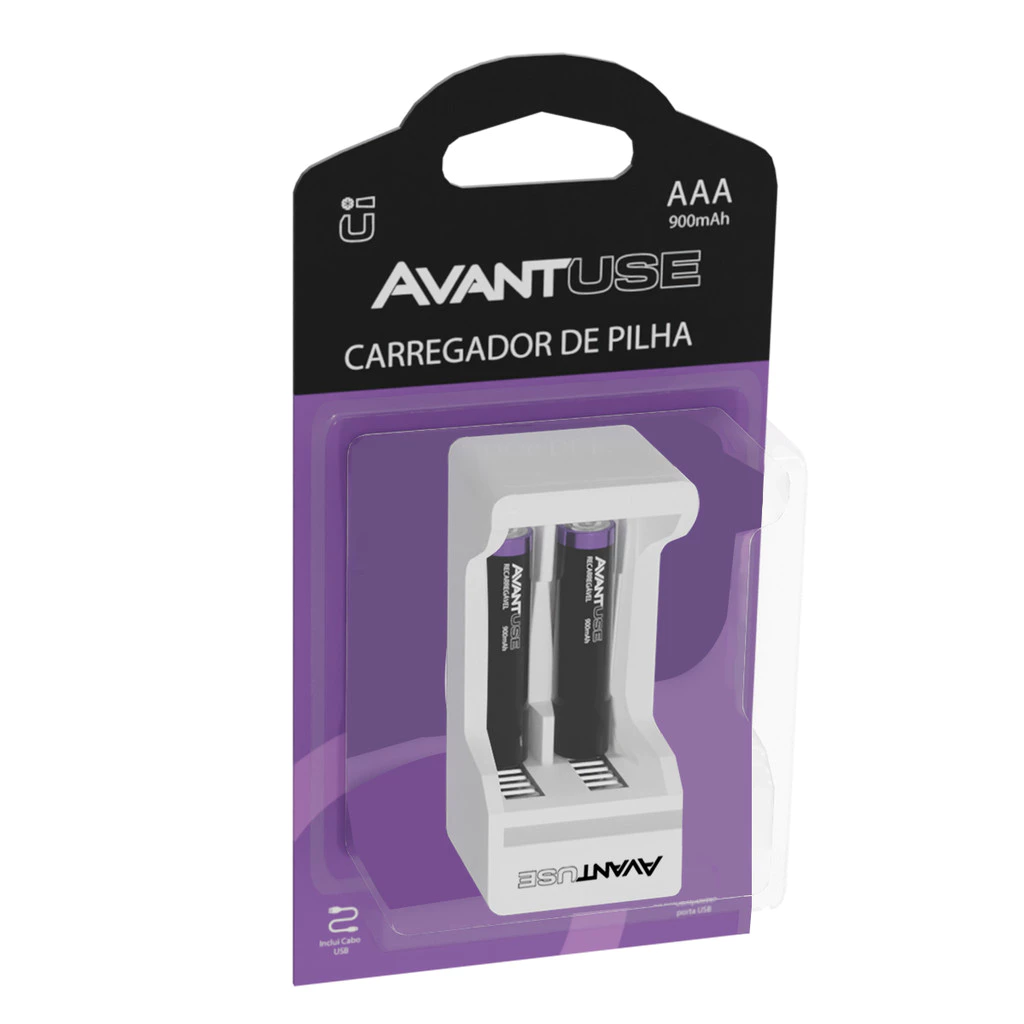 Kit 2 Pilhas Recarregável AAA Palito + Carregador Avant Use