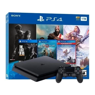 Sony PlayStation 4 Slim 1TB Mega Pack: The Last of Us Remastered/God of War/Horizon Zero Dawn Complete Edition cor preto