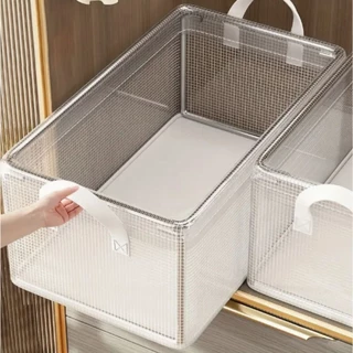 Caixa de Armazenamento Cesto de Plástico Transparente Durável Estrutura de Aço e Alças Reforçadas Empilhável p/Roupas,