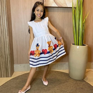Vestido Feminino Infantil Menina com Estampa de Urso Princesa