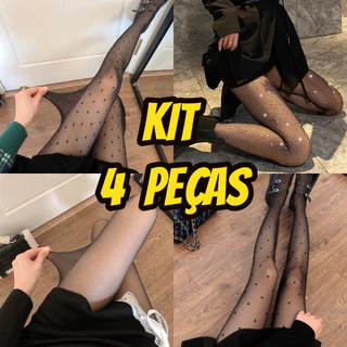 Kit com 4 Meia Calça trabalhada Fina Estampada Feminina Adulto Fio 15d classica Tendencia
