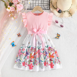 Vestido Infantil Verão Bebê Menina 5-10 anos Manga Lindo Borboleta Floral Algodão Princesa