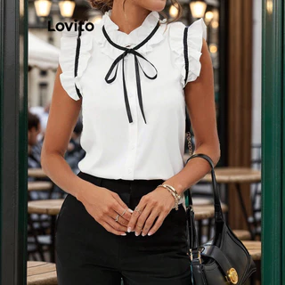 Lovito Romântico Blusa Feminina Lisa com Babados e Laço LBL09261